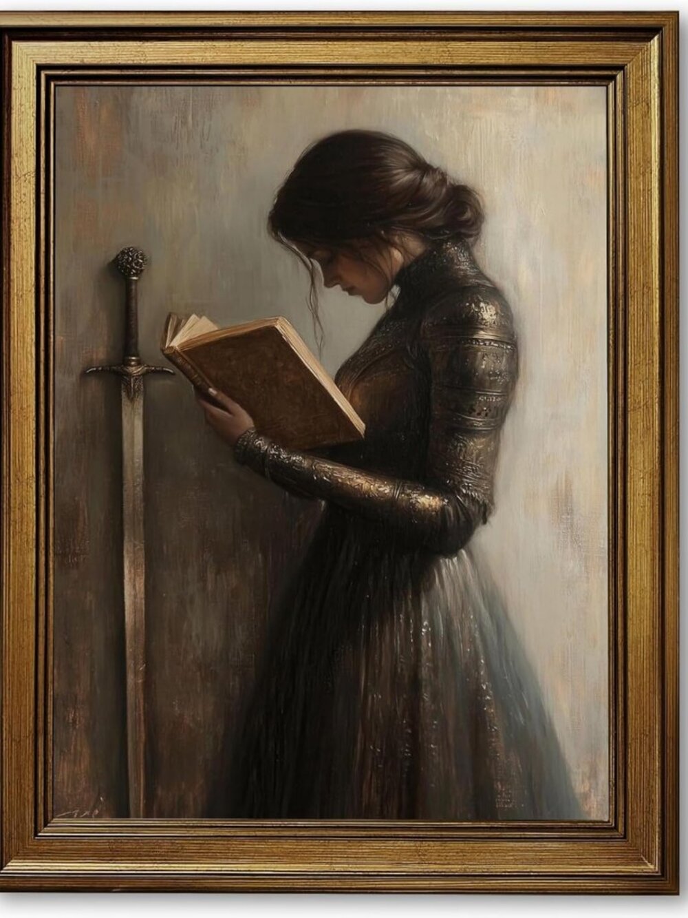 Vintage Gold Framed Victorian Woman Wall Art - Gothic Medieval Knight Canvas